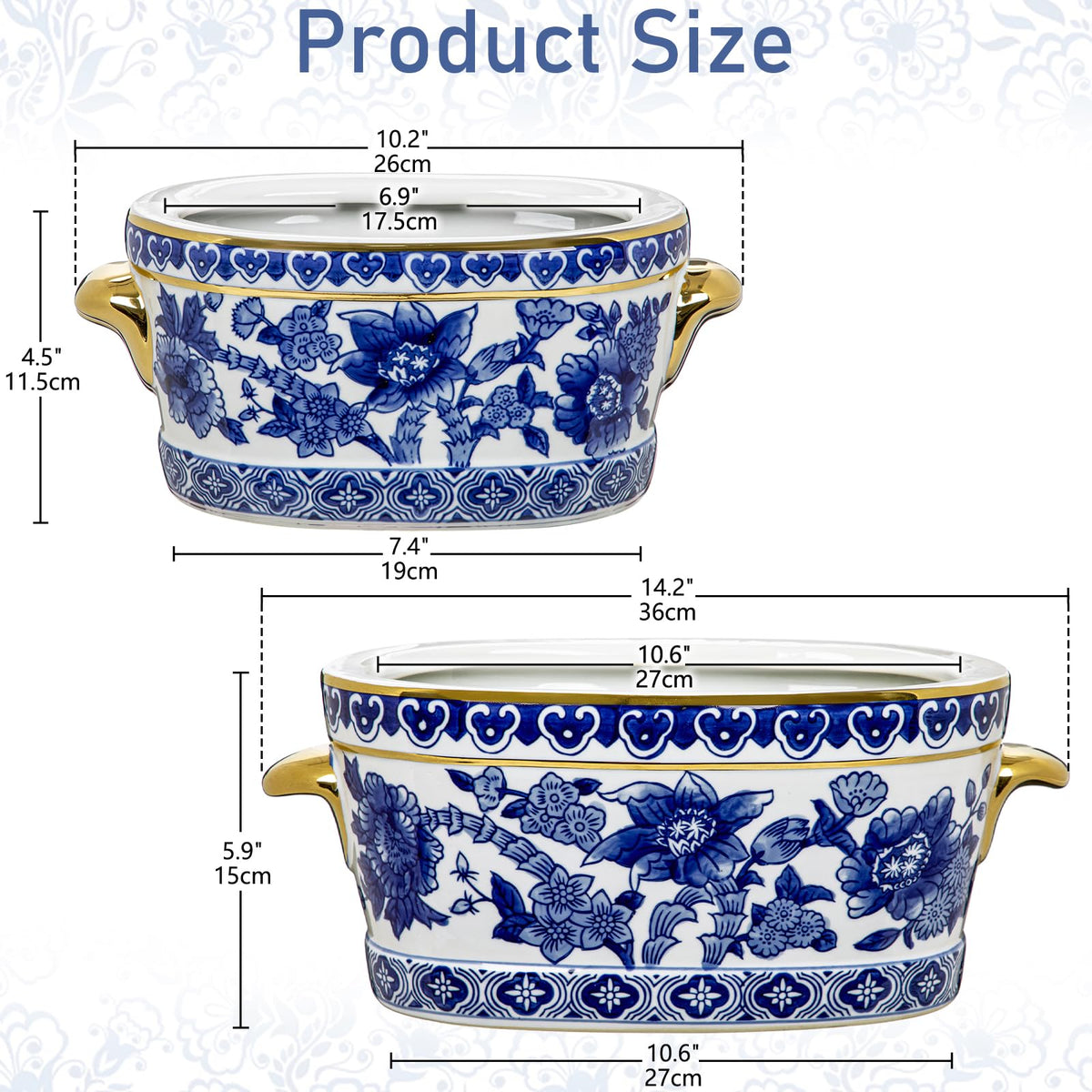 Blue Floral Oval Ceramic Cachepot, 10.6 in