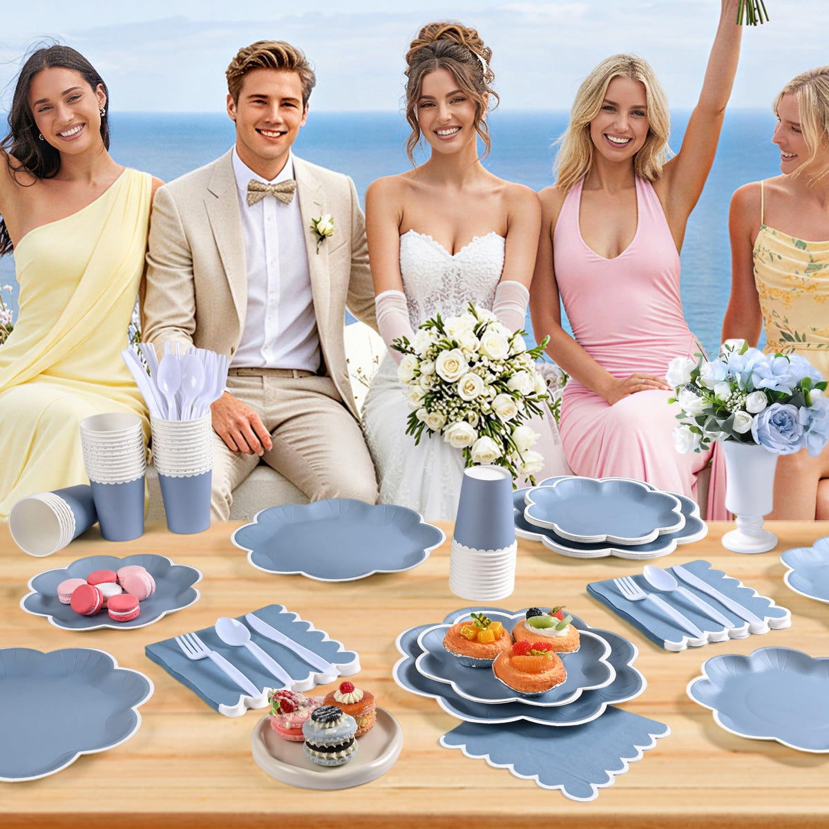 Blue and White Paper Tableware Set, Serves 50