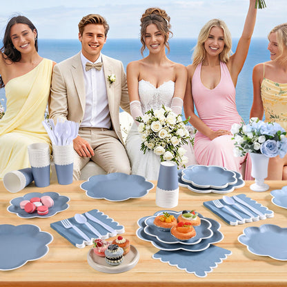 Blue and White Paper Tableware Set, Serves 50