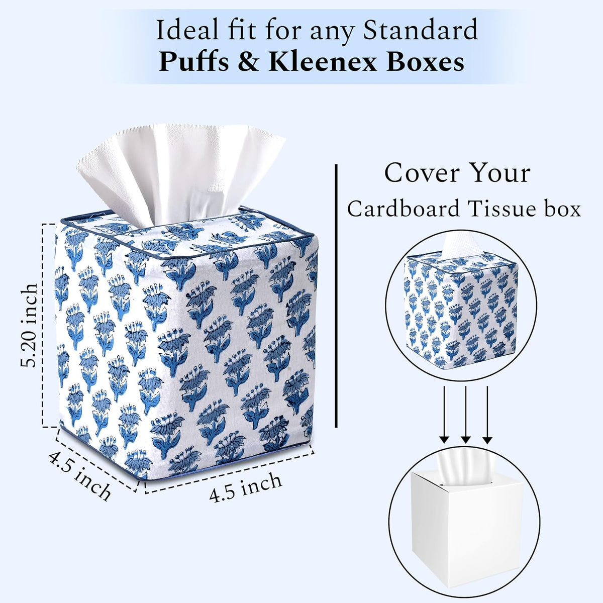 Block Print Cotton Tissue Box Cover, Apatite Blue