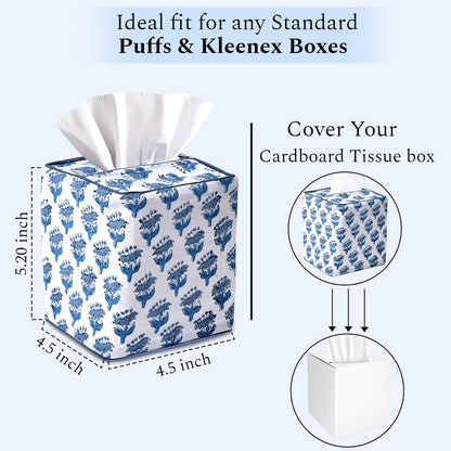 Block Print Cotton Tissue Box Cover, Apatite Blue
