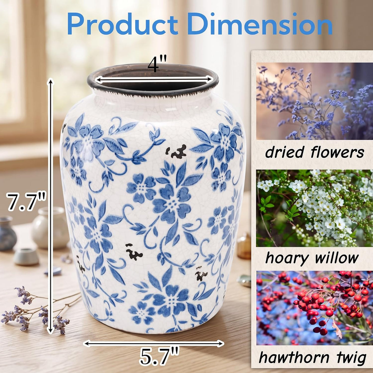 Blue and White Crackle Glaze Vase, 7.7 Inch