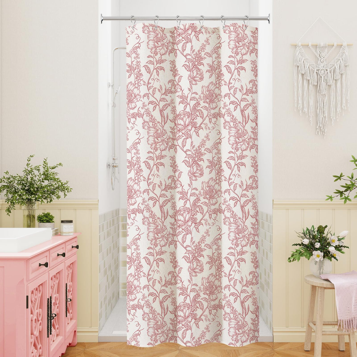 Blue Floral Linen Blend Shower Curtain
