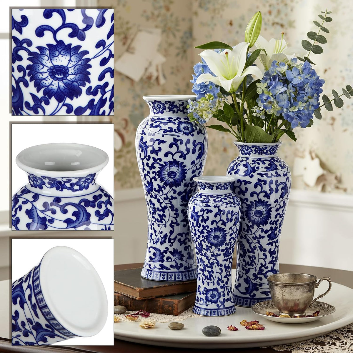 Set of 3 Blue and White Chinoiserie Vases