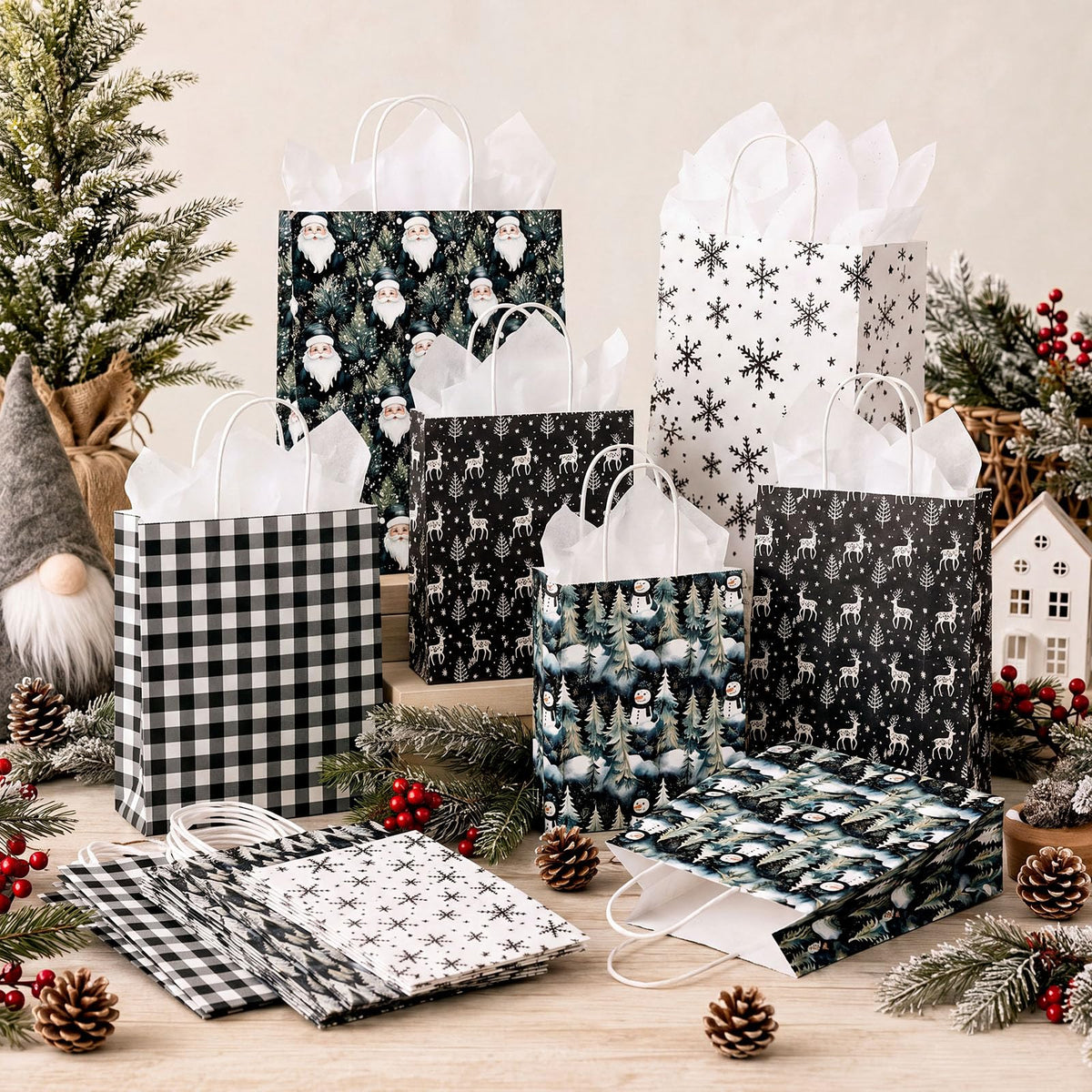 Blue Toile Christmas Kraft Gift Bags, Set of 18