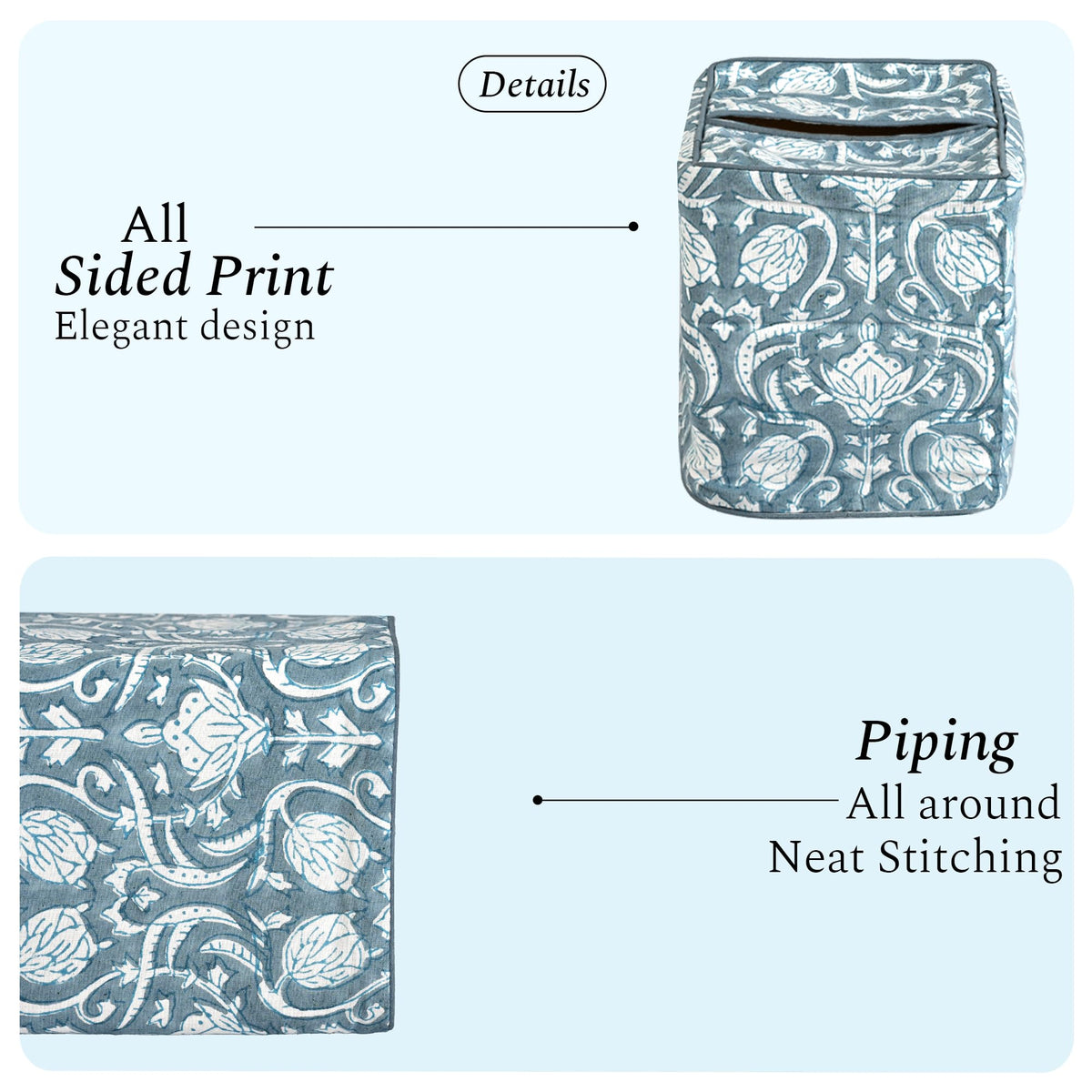 Block Print Cotton Tissue Box Cover, Apatite Blue