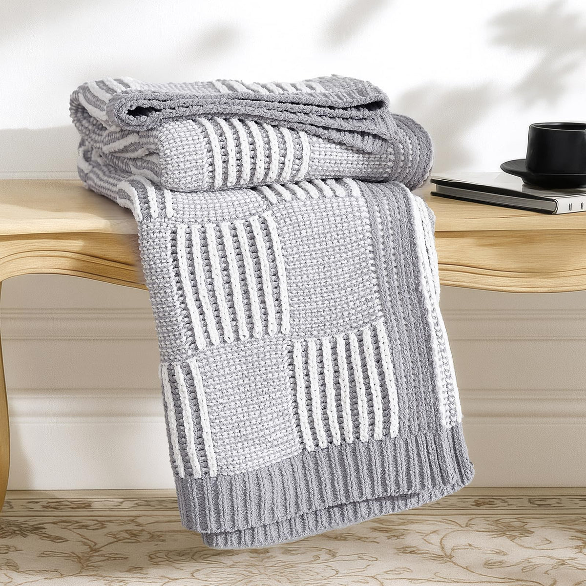Checkered Knit Throw Blanket, Blue, 50 x 60 Inch