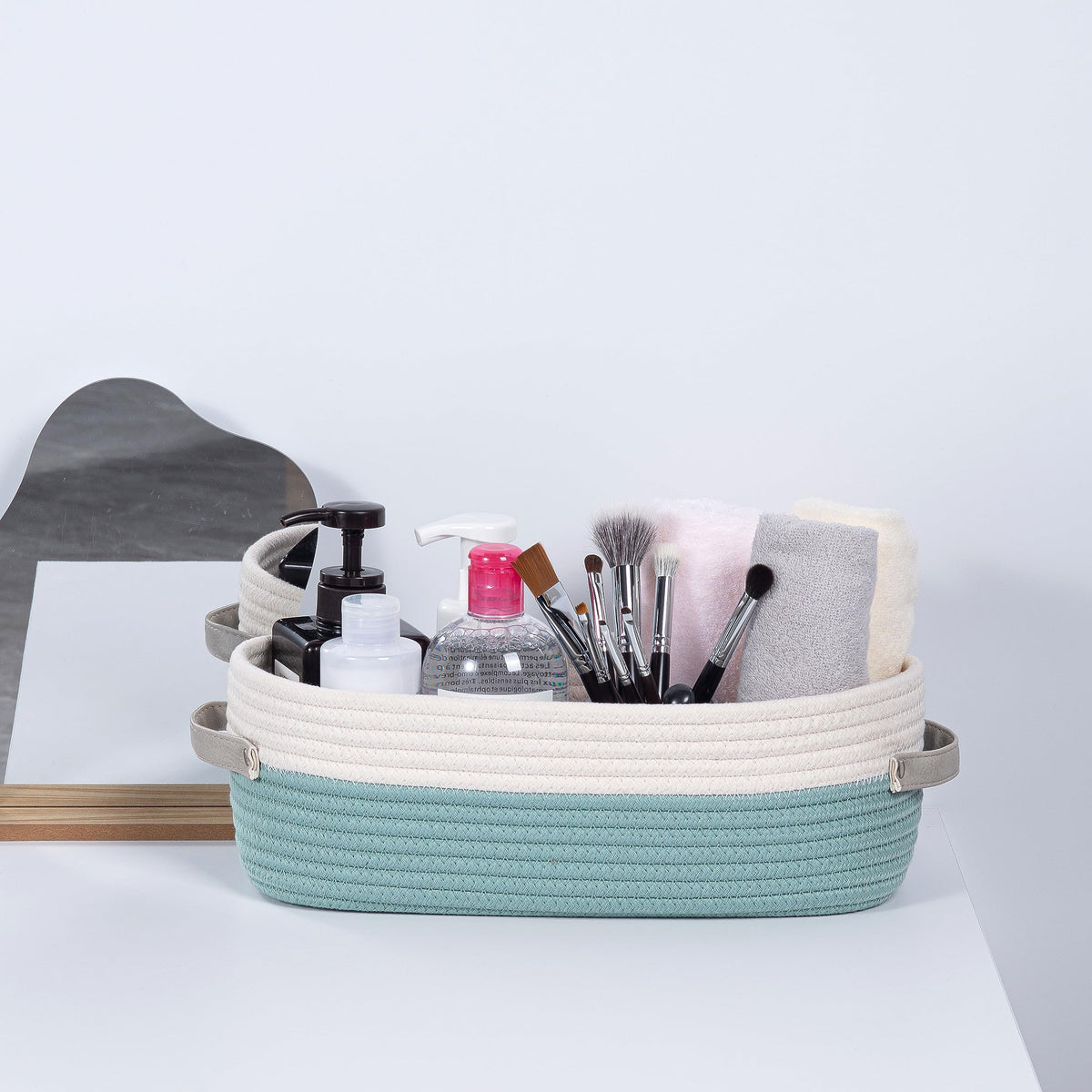 Woven Cotton Rope Toilet Tank Basket, Navy and White