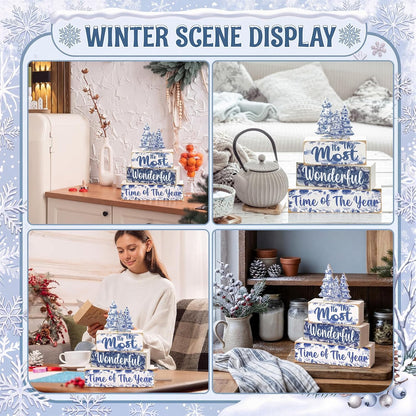 Blue and White Christmas Wood Block Signs, Set of 4