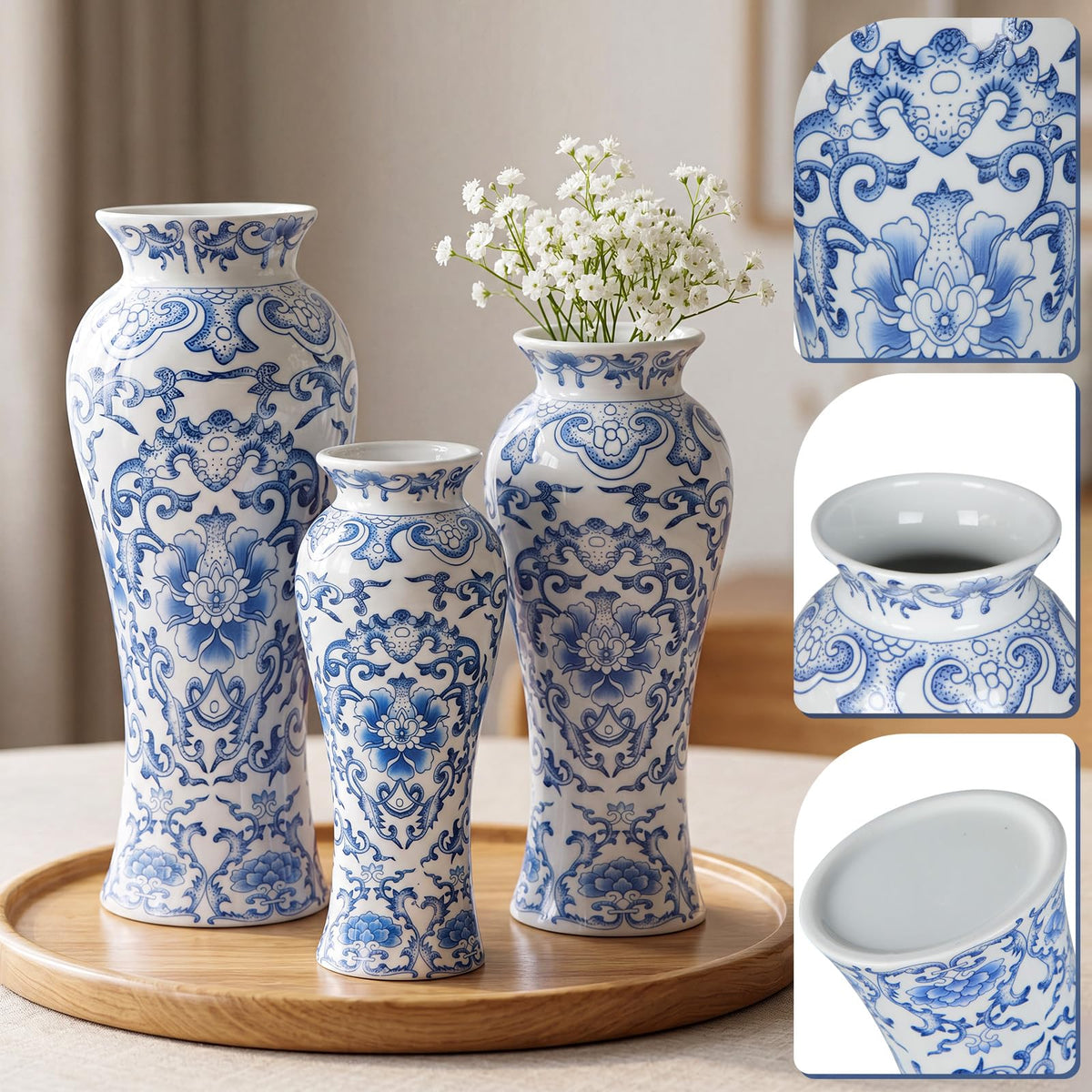 Set of 3 Blue and White Chinoiserie Vases