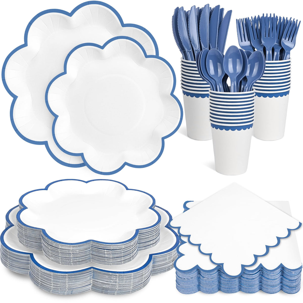 Blue and White Paper Tableware Set, Serves 50