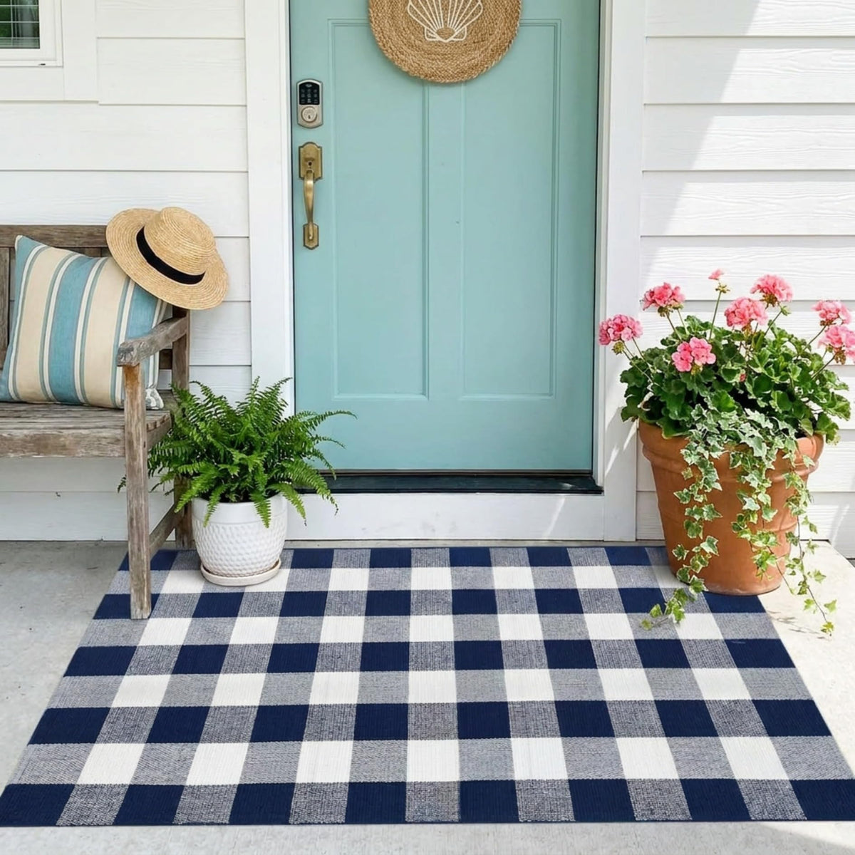 Blue Buffalo Plaid Outdoor Rug, 27.5x43