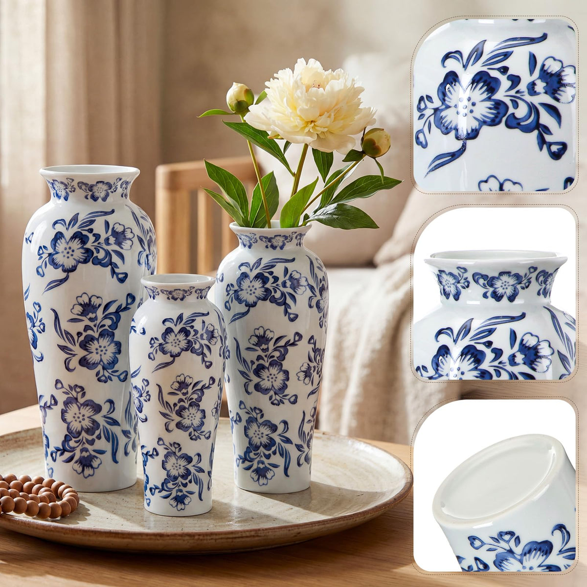 Set of 3 Blue and White Chinoiserie Vases