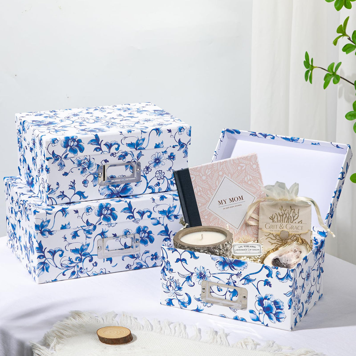 Blue and White Floral Nested Storage Boxes