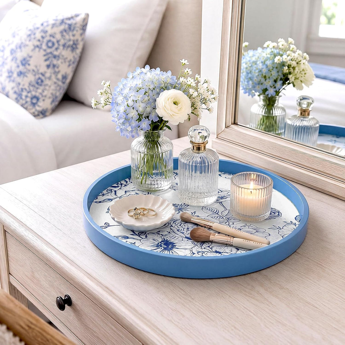 Blue Chinoiserie Round Wooden Tray, 11.8 Inch