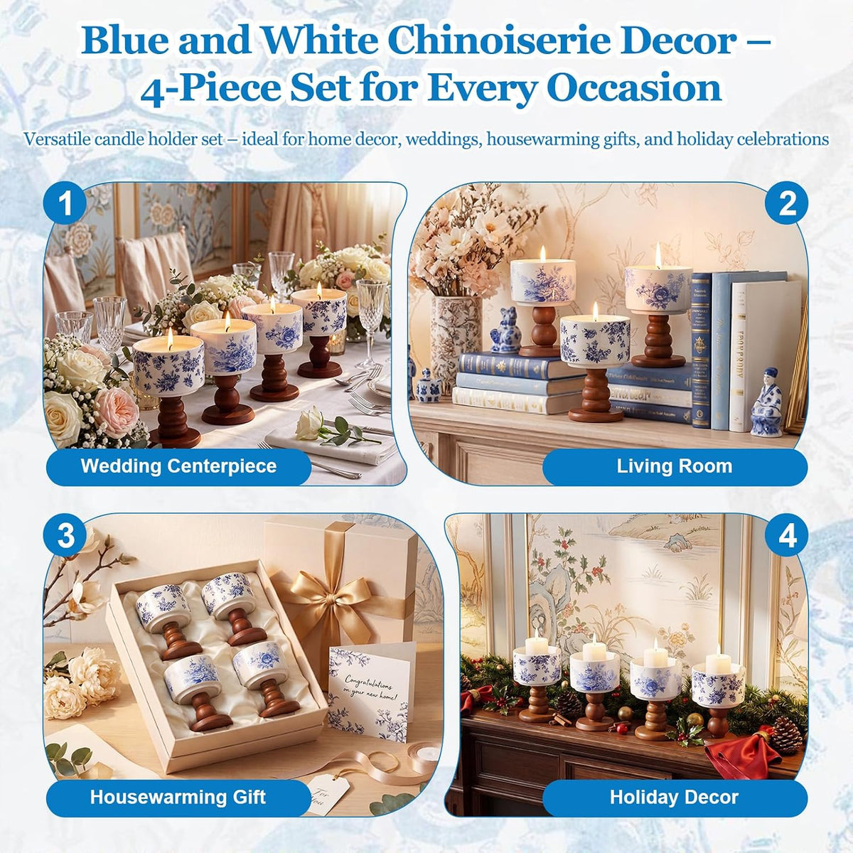 Chinoiserie Ceramic Candle Holders, Set of 4