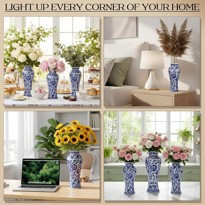 Set of 3 Blue and White Chinoiserie Vases