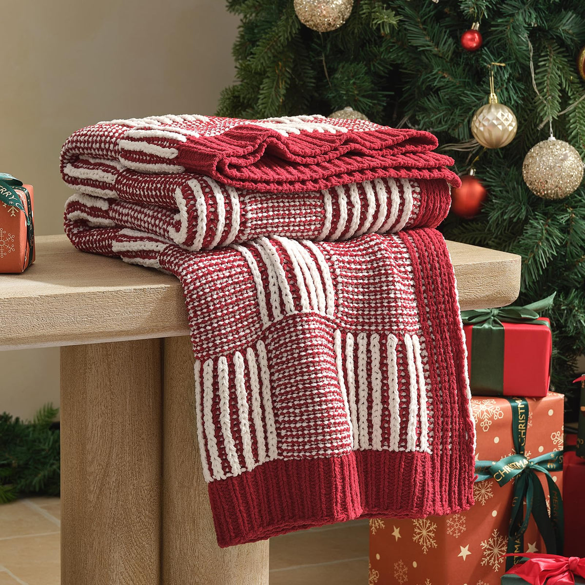 Checkered Knit Throw Blanket, Blue, 50 x 60 Inch