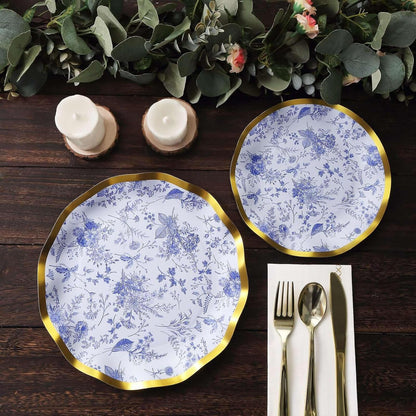 Blue and White Chinoiserie Dessert Plates with Gold Rim, 25 Pack