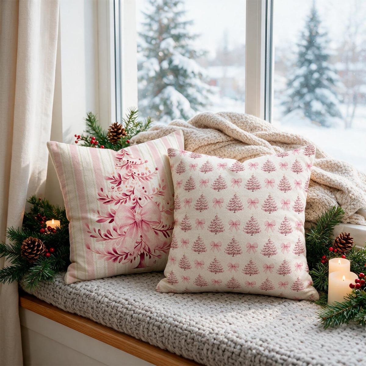 Blue Stripe Christmas Pillow Covers, Set of 4