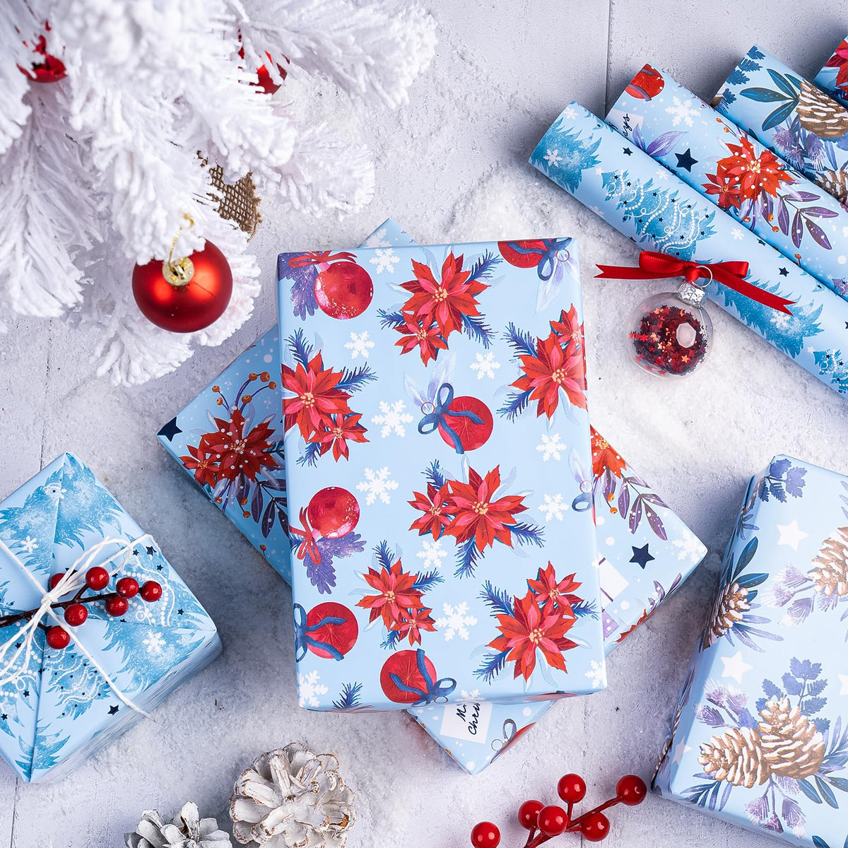 Christmas Wrapping Paper Rolls, Blue and Silver, 4 Rolls