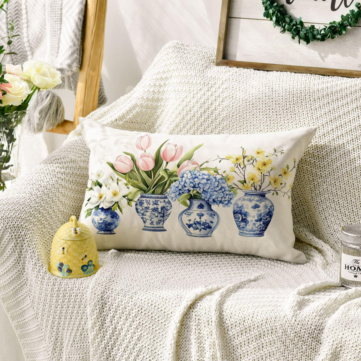 Chinoiserie Vase Lumbar Pillow Cover, 12 x 20 Inch
