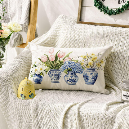 Chinoiserie Vase Lumbar Pillow Cover, 12 x 20 Inch