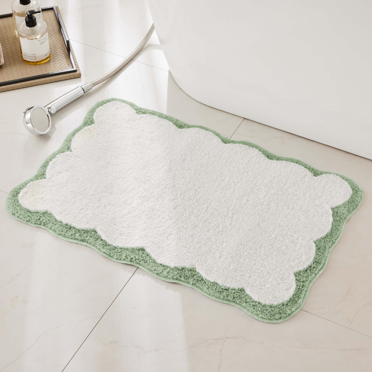 White Scalloped Bath Mat with Blue Piping