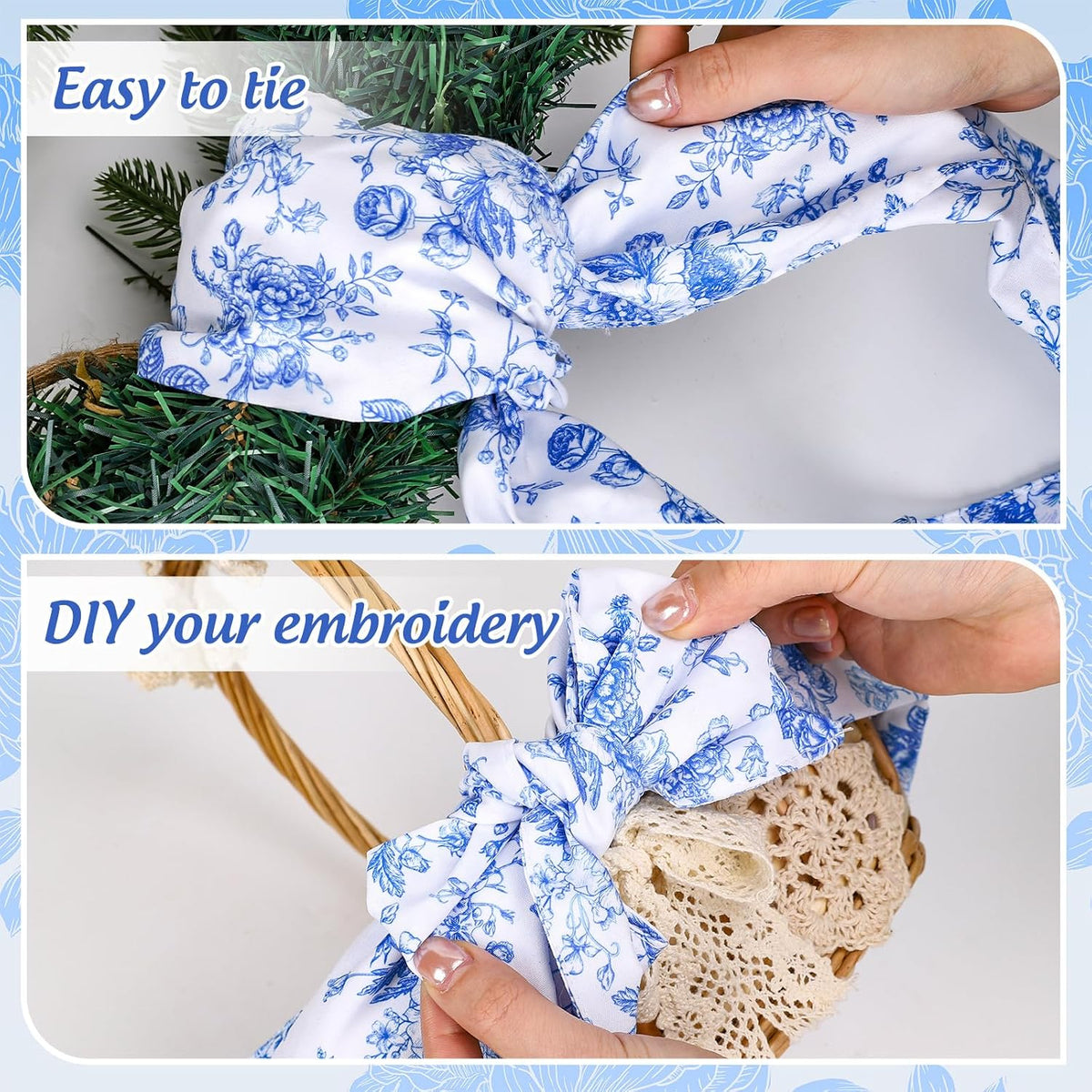 Blue Chinoiserie Floral Wreath Sash, Set of 2