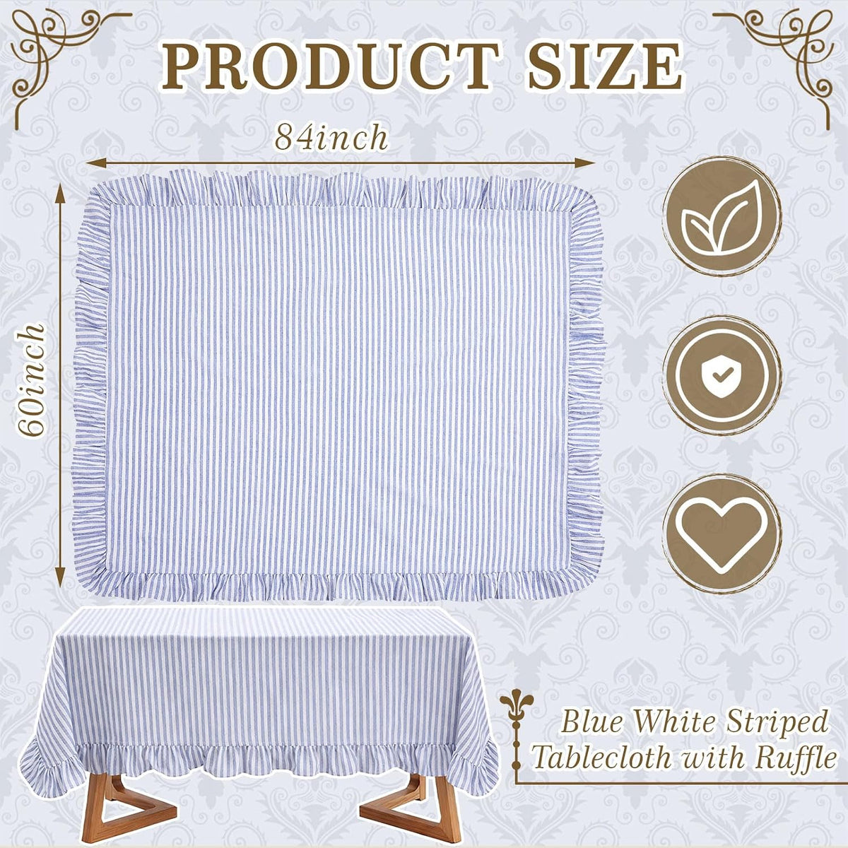 Blue and White Stripe Scalloped Tablecloth, 84 x 60