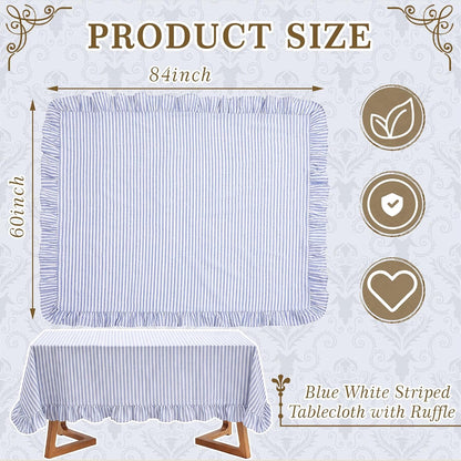 Blue and White Stripe Scalloped Tablecloth, 84 x 60