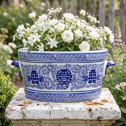 Blue and White Chinoiserie Oval Planter