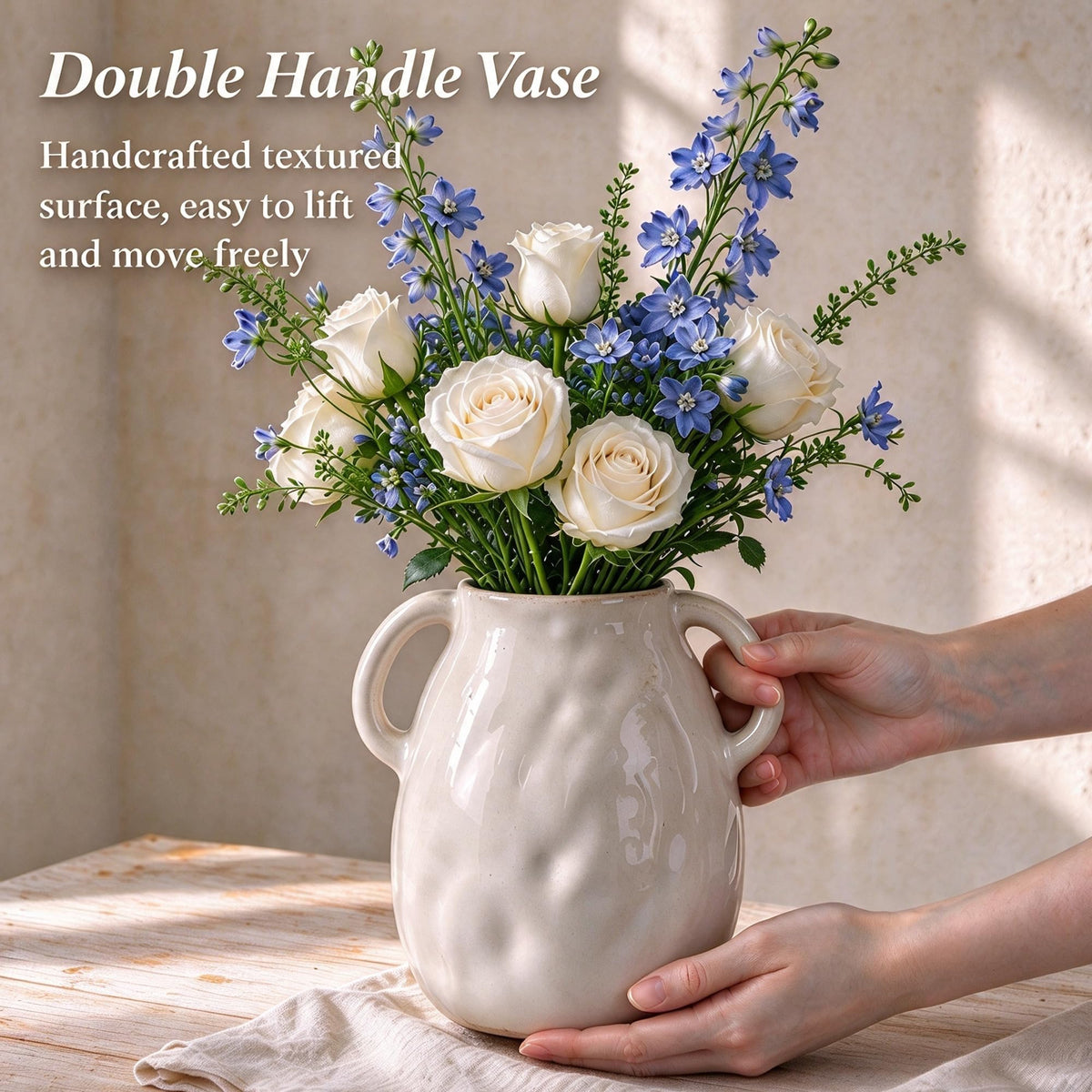 Blue Ceramic Vase with Two Handles
