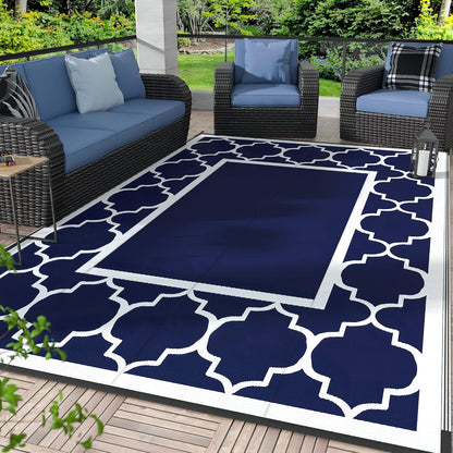 Blue and White Reversible Outdoor Rug, 5x8
