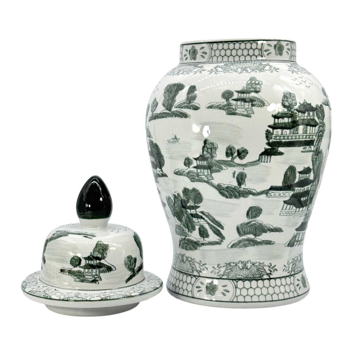 Large 25 Inch Blue and White Chinoiserie Temple Jar