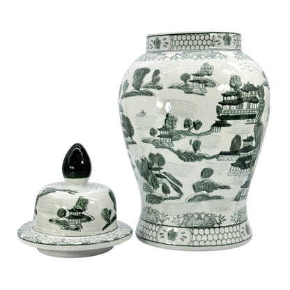 Large 25 Inch Blue and White Chinoiserie Temple Jar
