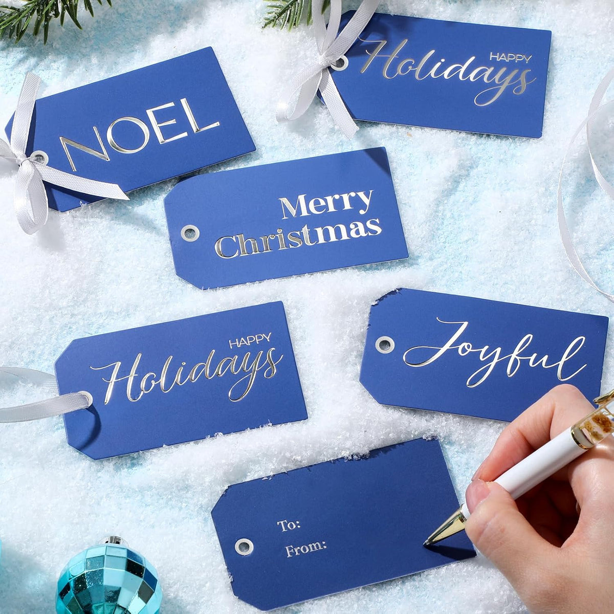 Christmas Gift Tags with Ribbon, 100 Pack, Blue and Silver
