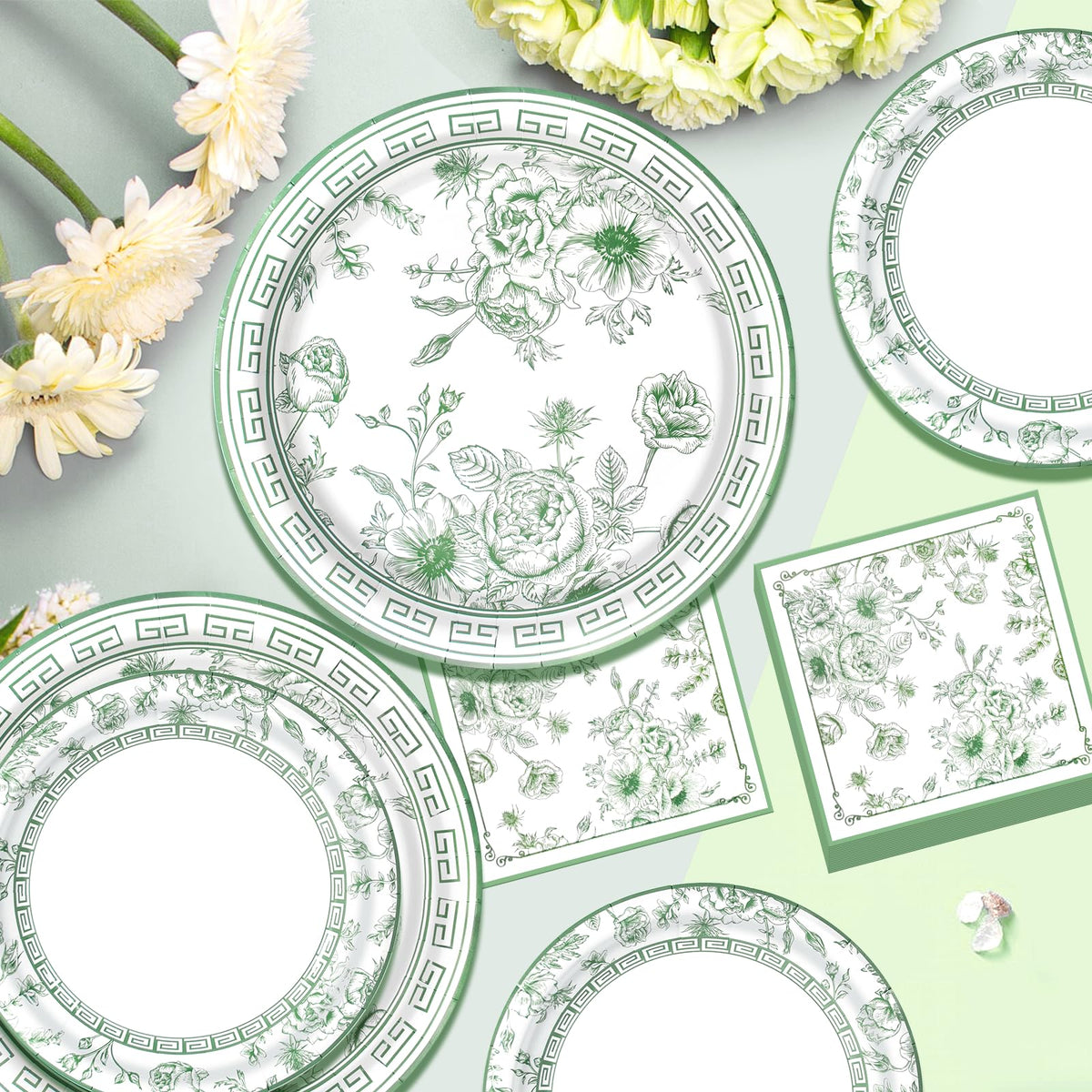 Blue and White Floral Paper Plates and Napkins, Serves 20