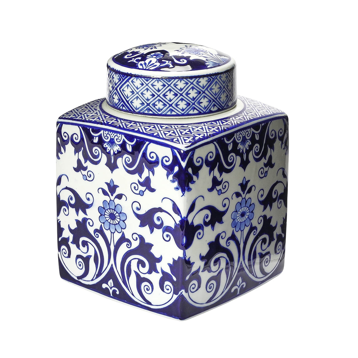 Square Ceramic Ginger Jar with Lid, Blue and White