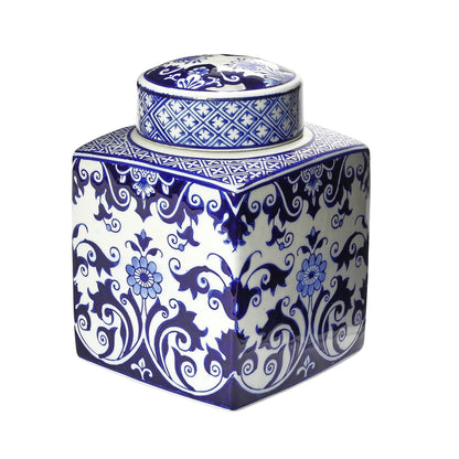 Square Ceramic Ginger Jar with Lid, Blue and White