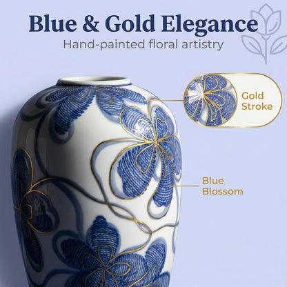 Hand-Painted Blue and White Vase with Gold Accents