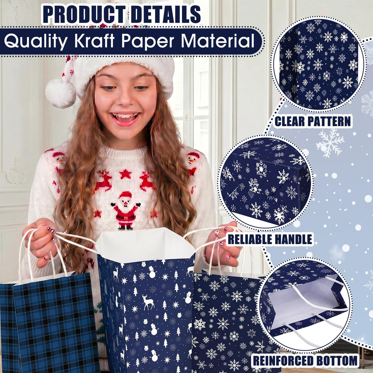 Blue Toile Christmas Kraft Gift Bags, Set of 18
