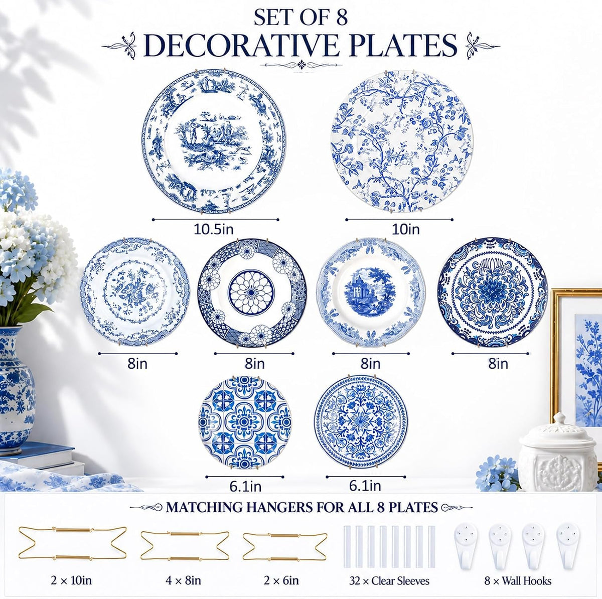 Blue and White Ceramic Wall Plates with Hangers, Set of 8