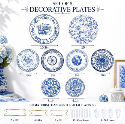 Blue and White Ceramic Wall Plates with Hangers, Set of 8