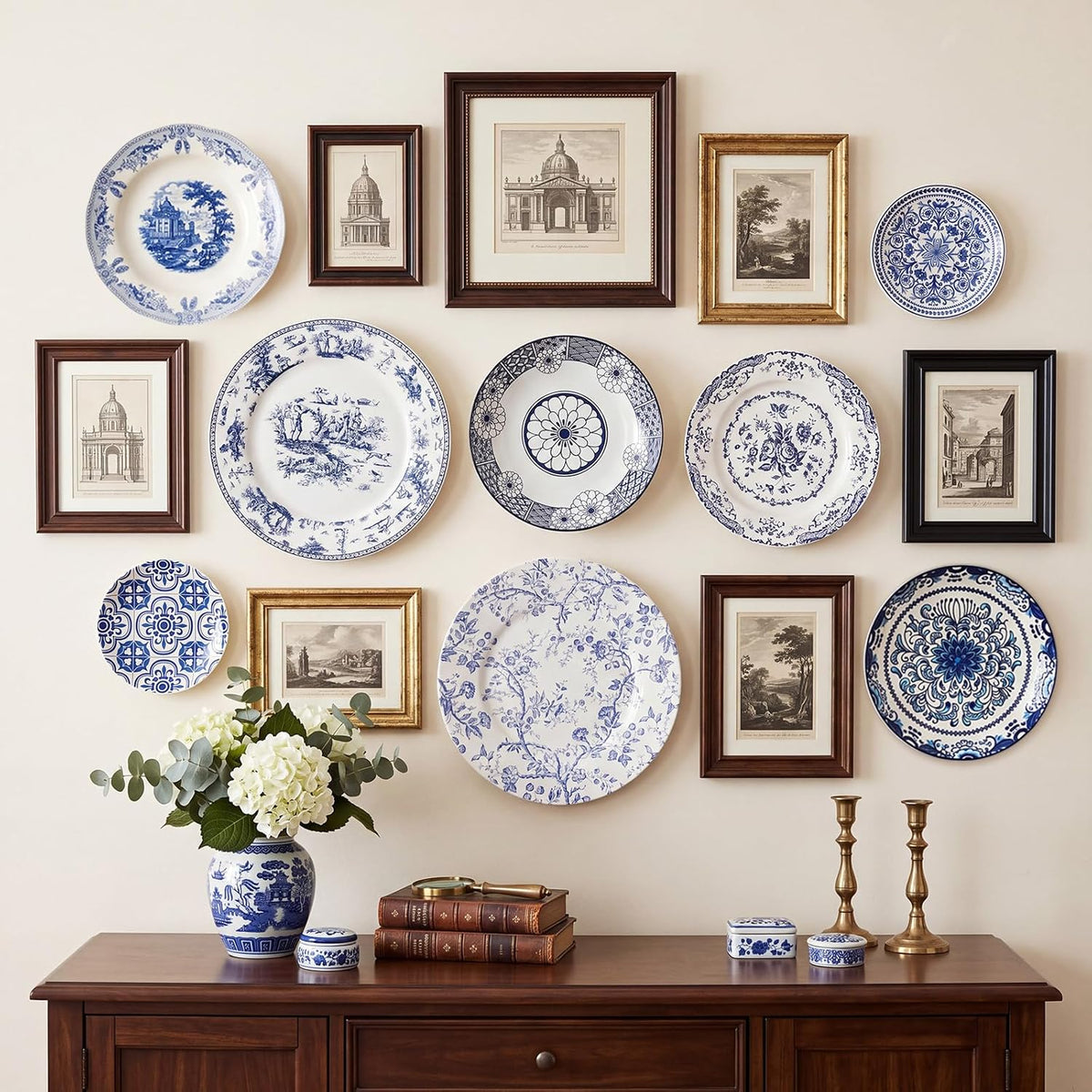 Blue and White Ceramic Wall Plates with Hangers, Set of 8
