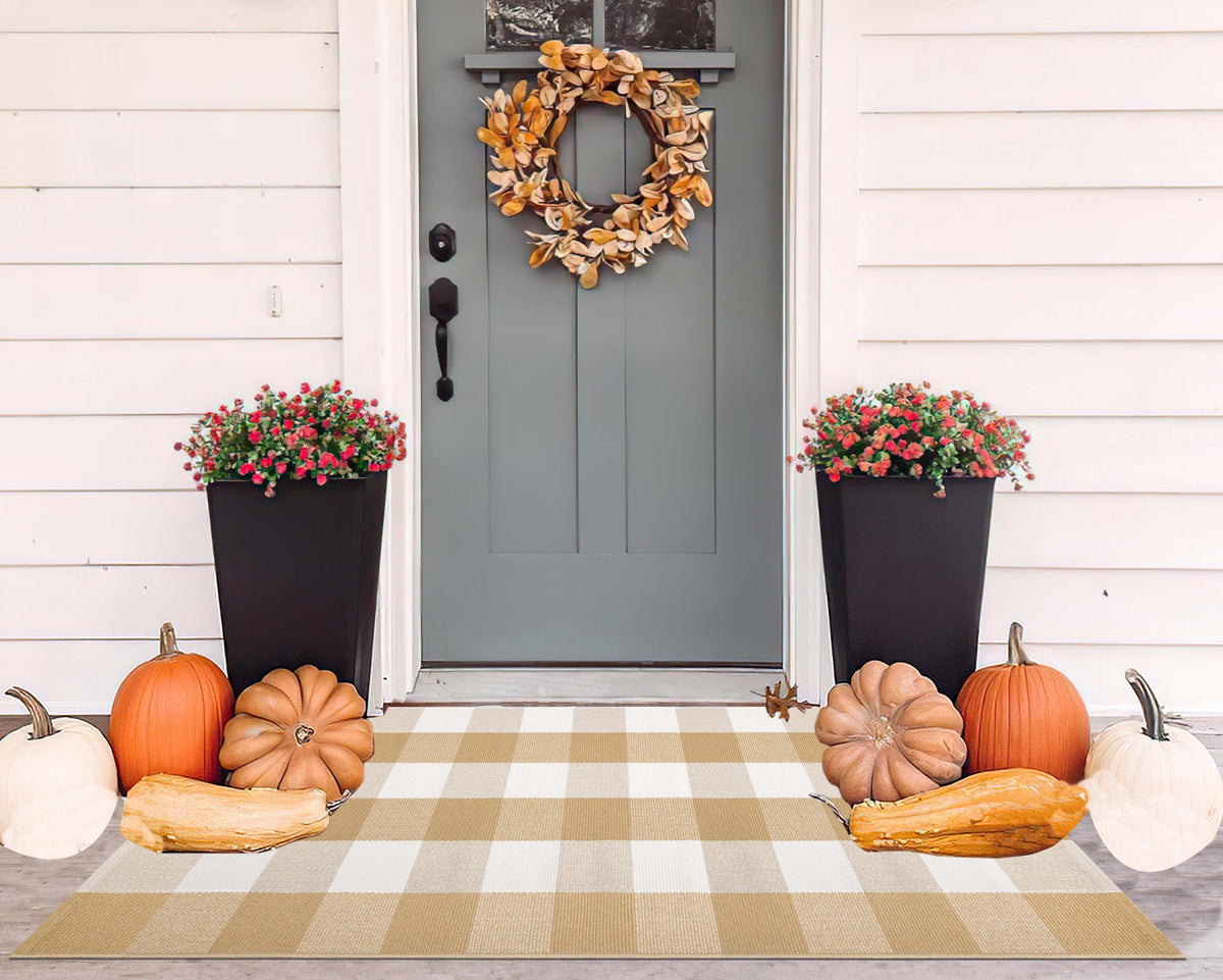 Light Blue Buffalo Plaid Cotton Door Mat, 24x35