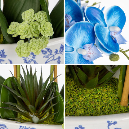 Briful Faux Orchid in Blue and White Boat Vase
