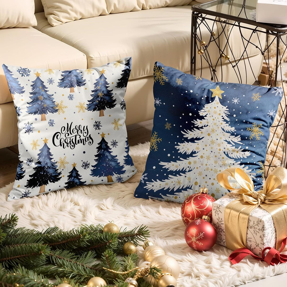 Navy Velvet Christmas Pillow Covers, Set of 4