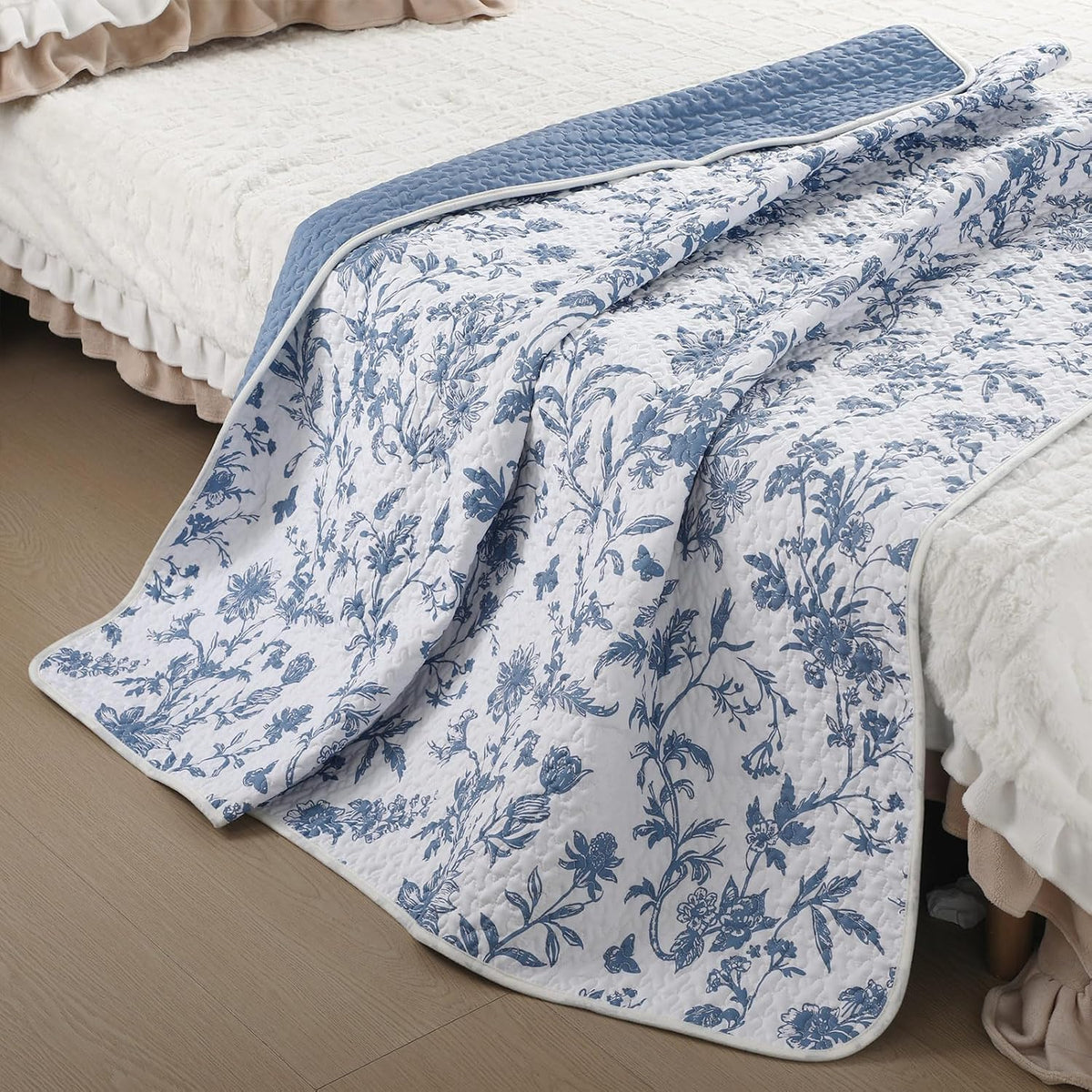 Blue Floral Quilted Throw Blanket, 50 x 60 Inch