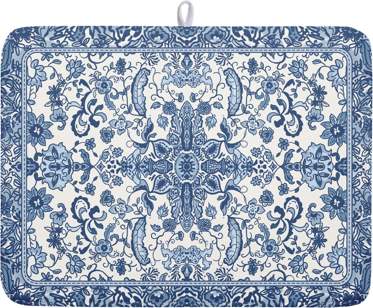 Blue Chinoiserie Floral Dish Drying Mat